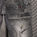 Spring and Autumn 2025 New Men's Jeans Gray Trendy Tiger Head Hot Diamond Printing Slim-fit Small Feet Trousers Men's Clothing