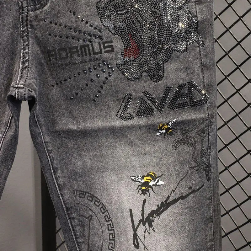 Spring and Autumn 2025 New Men's Jeans Gray Trendy Tiger Head Hot Diamond Printing Slim-fit Small Feet Trousers Men's Clothing
