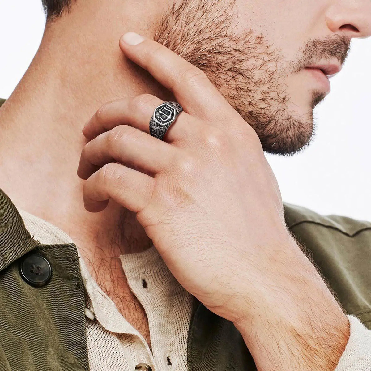 Mprainbow Mens Tridant Signet Ring, Waterproof Stainless Steel Geometric Top Stamp Finger Band, Rock Punk Gifts for Him Jewelry