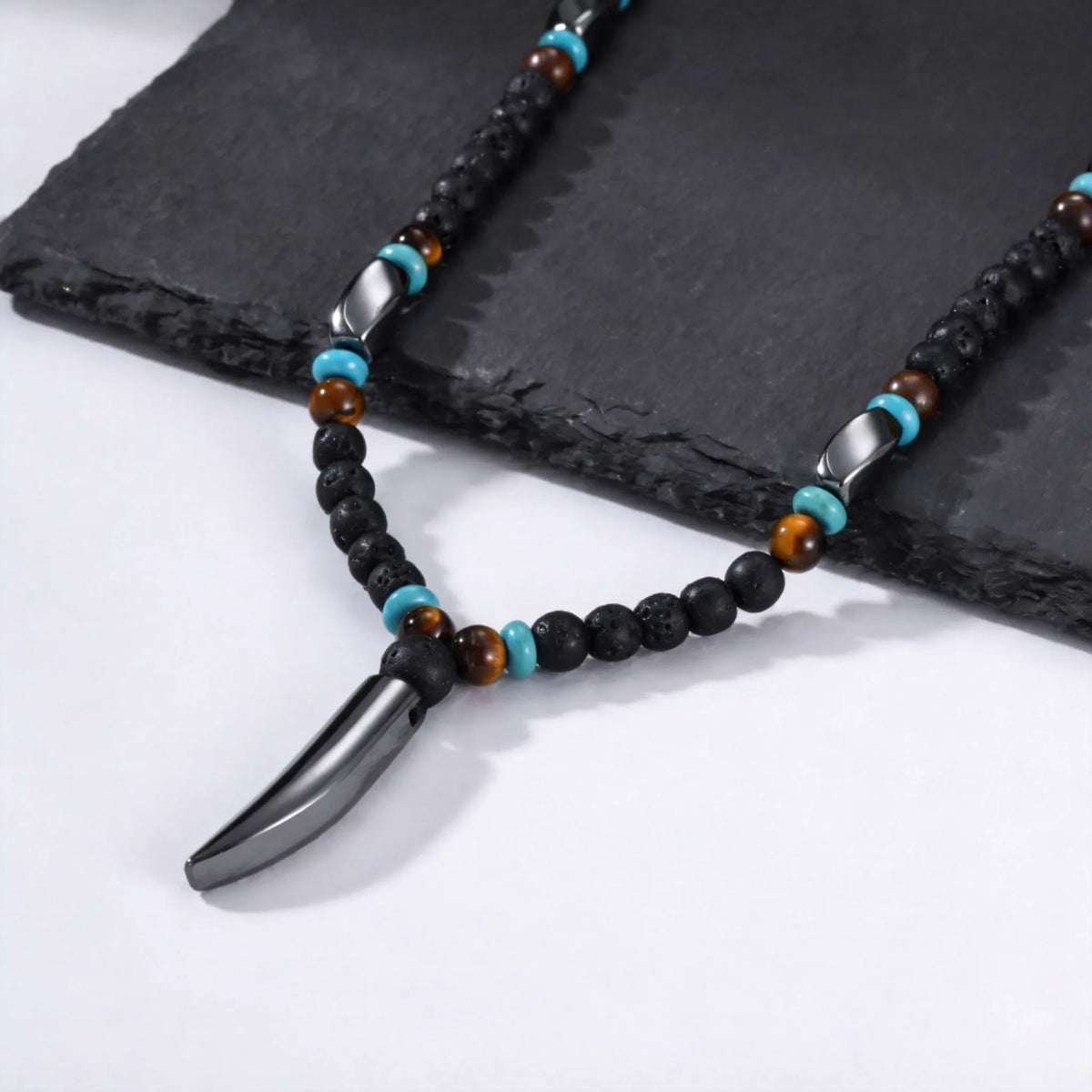 Punk Natural Stone Wolf's Tooth Necklace for Men,Healing Tiger Eye Hematite Pendant Necklace,Vintage Ethnic Jewelry