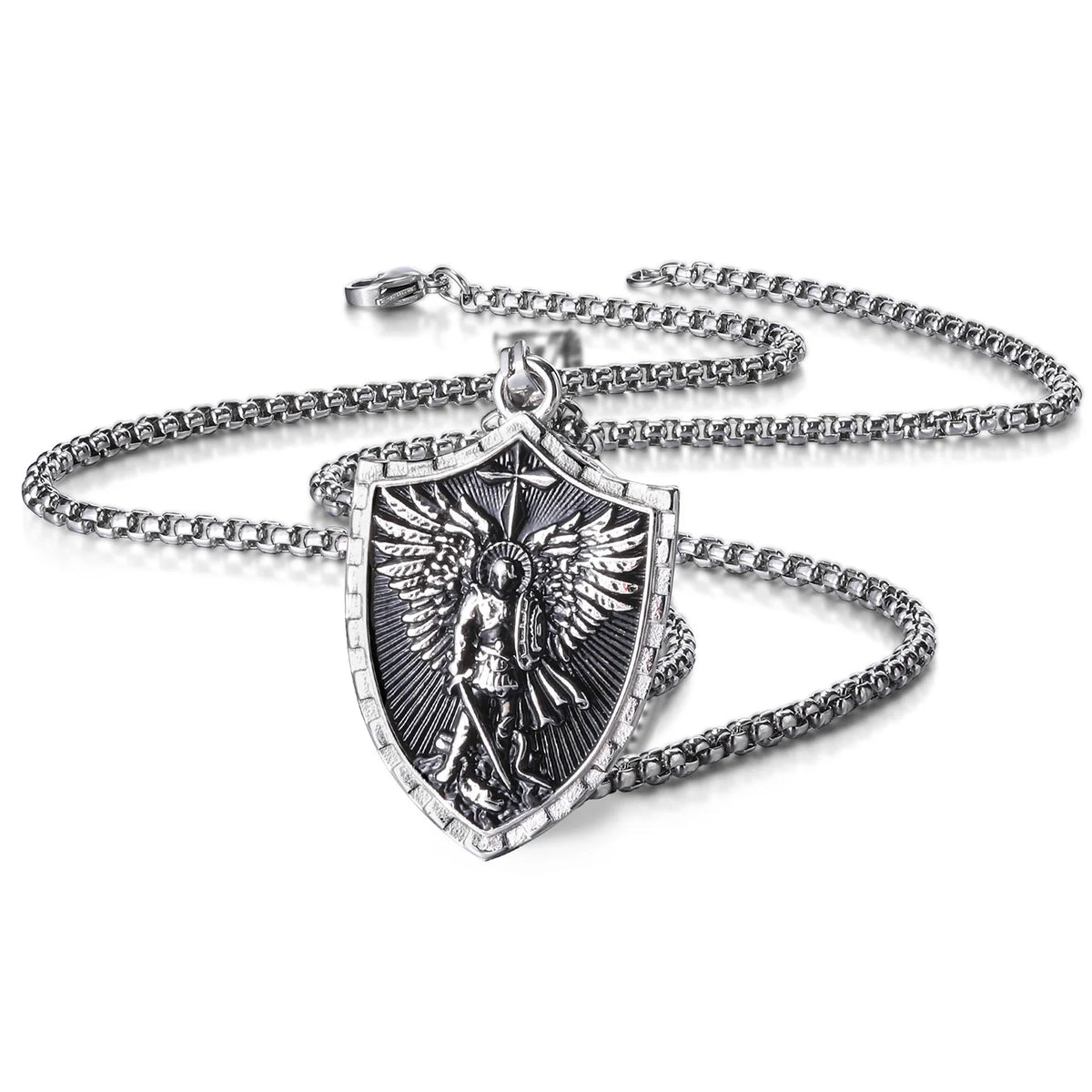 Stainless Steel St. Michael Shield Necklace for Men,Vintage Oxidized Saint Michael Pendant,Catholic Protection Jewelry Gift