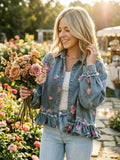 New Women's Retro Washed Floral Print Denim Jacket, Long-sleeved, Collared, Ruffled Hem, Short Jacket, Summer outfits for womener.
