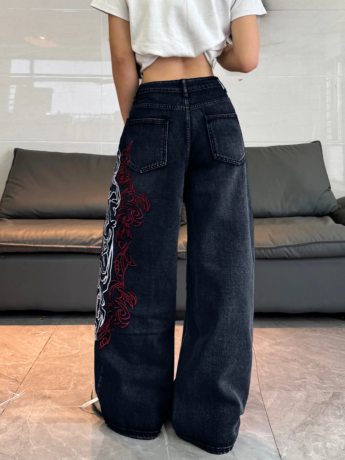 American Retro Two-Color Totem Embroidered Women's Loose Wide-Leg Jeans Y2K Trendy Street Fashion Versatile High-Waisted Trousers