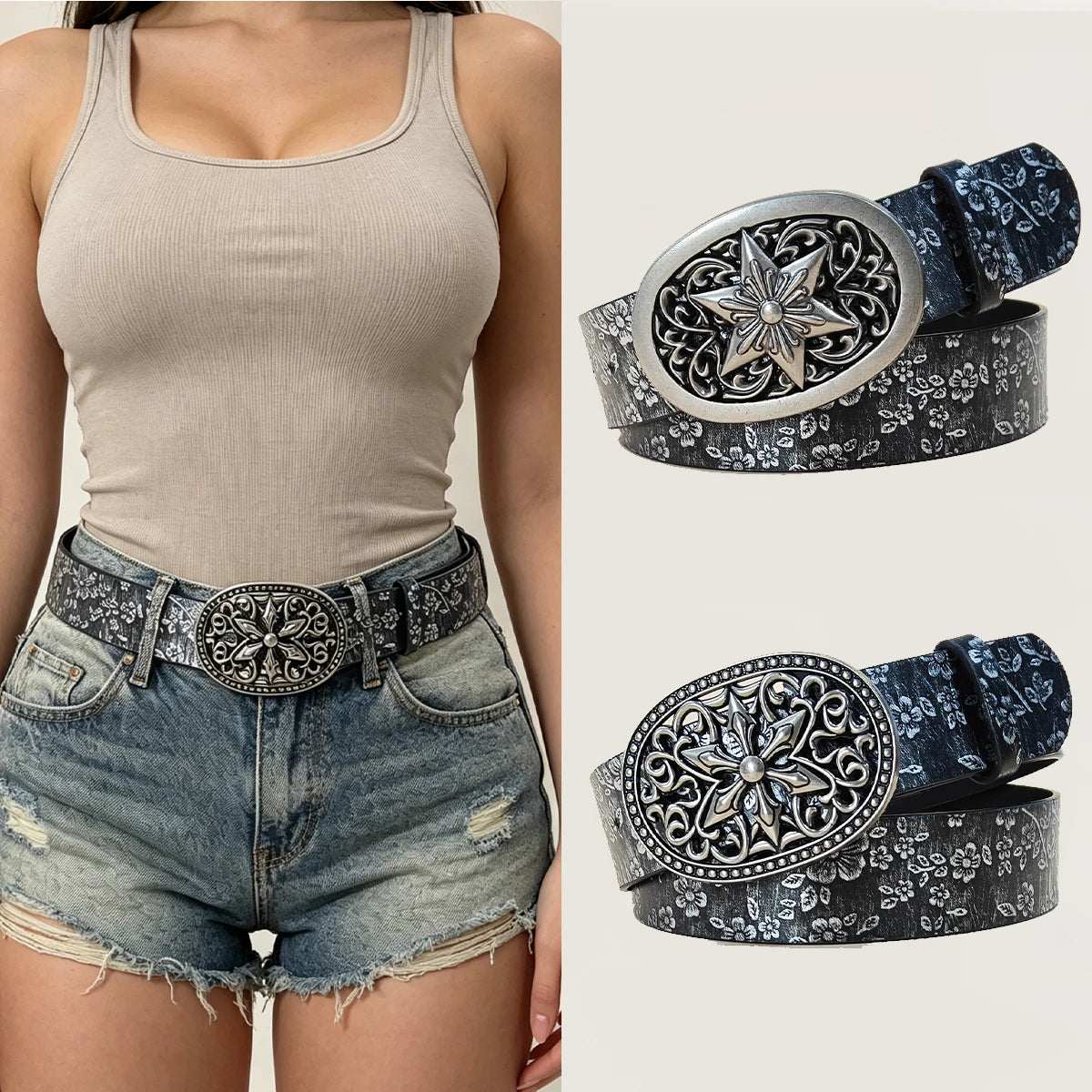 SnowFlower Buckle Pattern PU Leather Belt Fashion Casual Jeans Belt Western Cowboy Belt For Men Women High Quality Male Strap