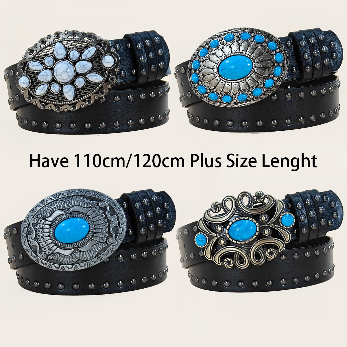Men and Women's Casual Punk Rivet Belt Western Style PU Leather Belt with Turquoise Buckle for Daily Work Wear Gothic Jeans Belt