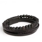 Black Multi Layers Leather Bracelet for Men,Metal Tube Charm Handmade Braided Rope Leather Bracelet,Gift for Husband Dad Son