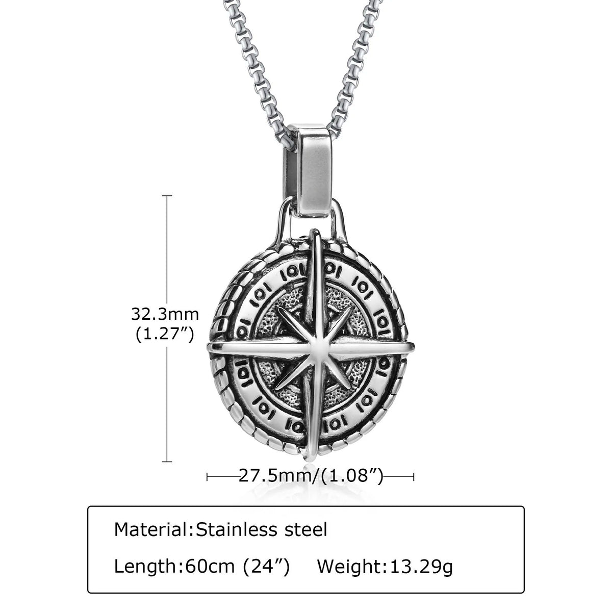 North Star Men Necklace ,Stainless Steel Compass Pendant,Mens Jewelry, Coin Form Handmade Necklace