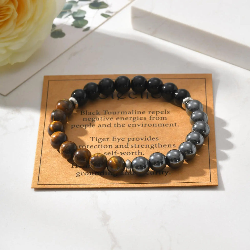 Black Stone Bead Bracelet for Men Boys,Obsidian Tiger Eye Metal Beaded Elastic Wristband,Casual Jewelry Gifts