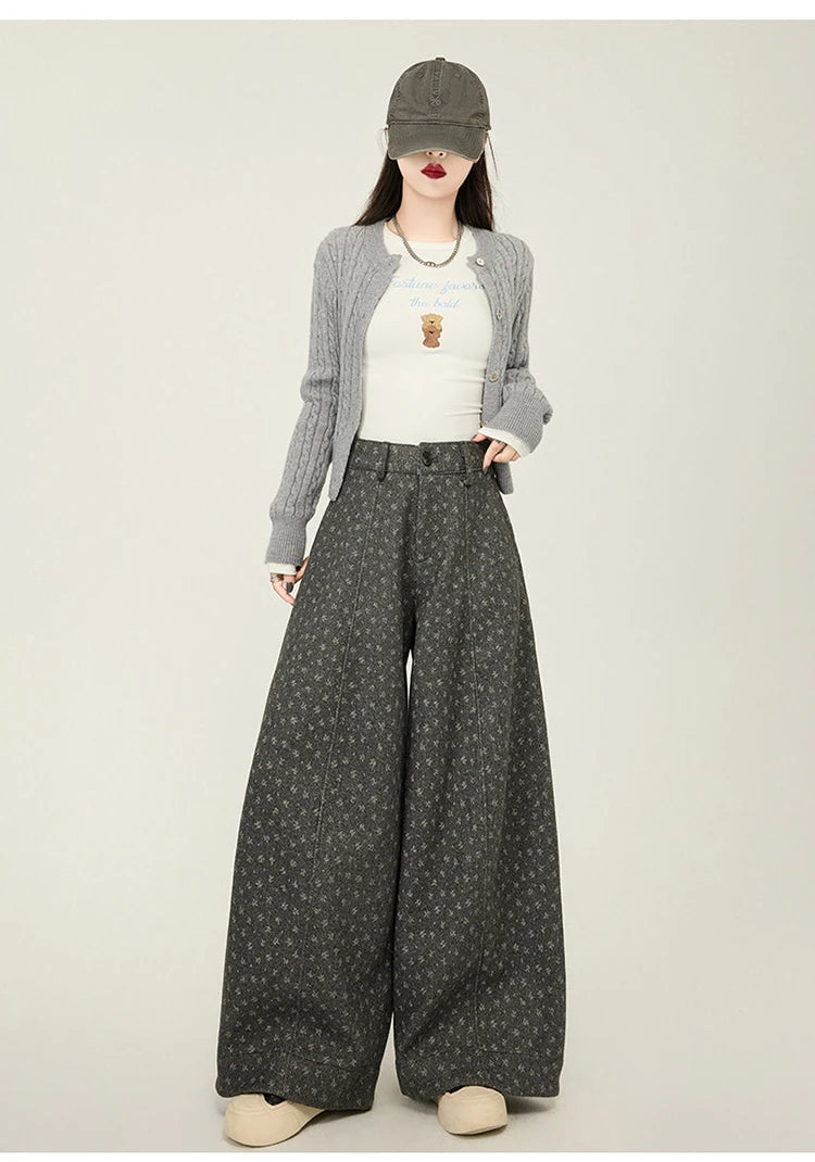 Lazy style floral print woolen suit pants women in winter new loose and versatile casual curved knife wide leg pants