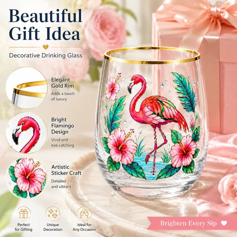 Flamingo Cocktail Glass Tropical Hibiscus Decal Stemless Beer Cup Gold Rim Bar Drinkware Party Gift