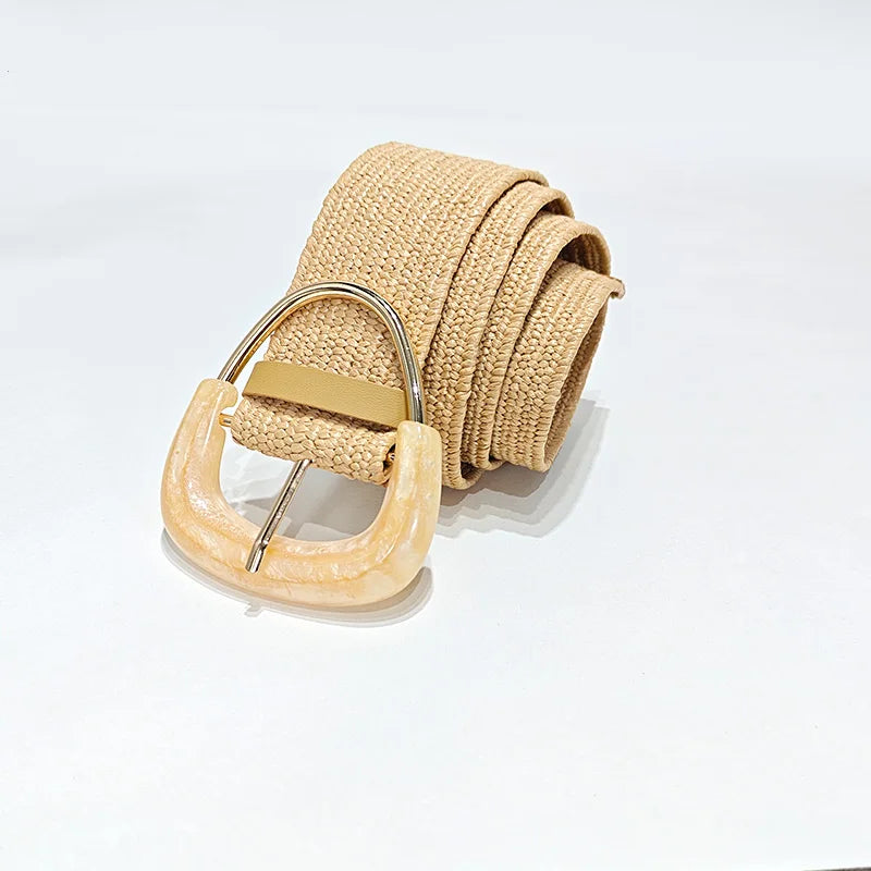 Hot Sale Spring Summer Women PP Straw Braided Elastic Khaki wide Belt Vintage Buckle Boho Women Knitted Belt Dress Jeans Belt