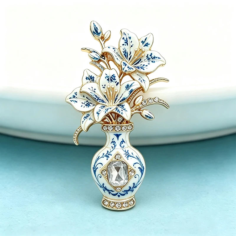 PENDRA Violetta 2-Color Enamel Rhinestone Lily Vase Brooch