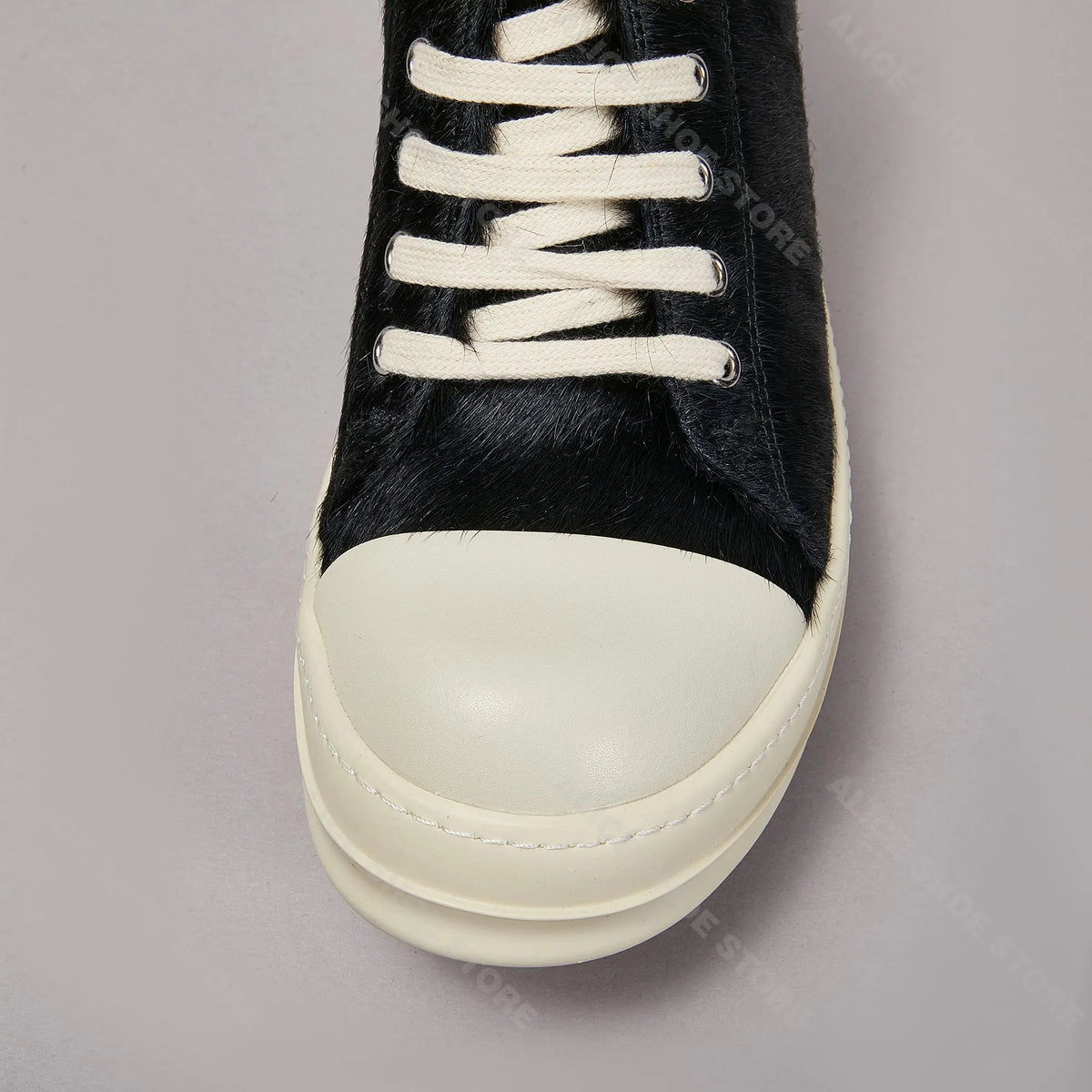 PENDRA Dark Fur Black Horsehair Leather Low-Top Lace-Up Thick-Sole Sneakers