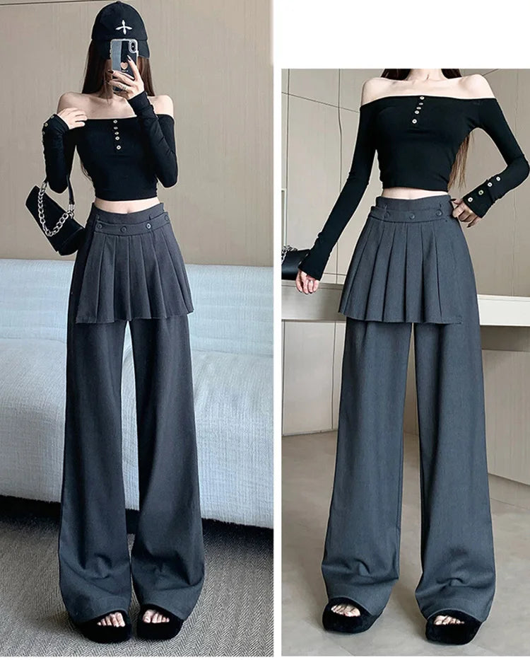 Suit wide leg pants skirt women's autumn design sense fake two piece pleated skirts high waisted loose floor length pants