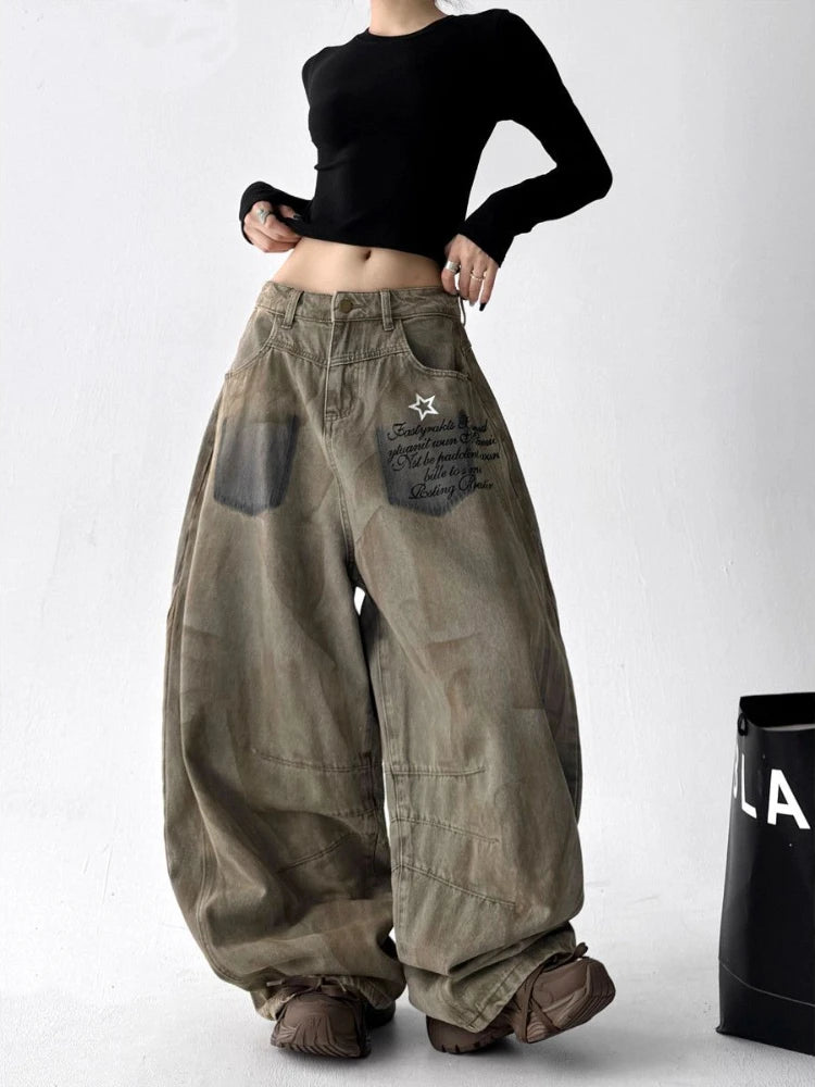 Street dance hip-hop jeans women's 2025 autumn new high waist slimming loose and lazy style casual fashion pants