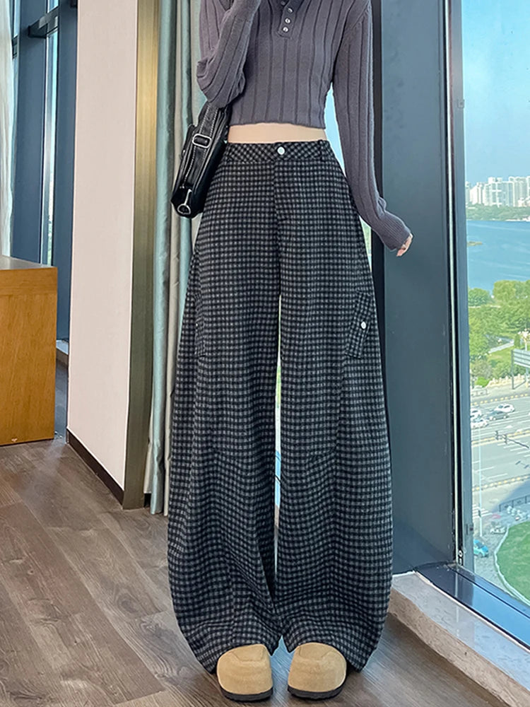 American style woolen plaid cargo pants women's autumn winter new plush casual versatile loose machete wide leg pants