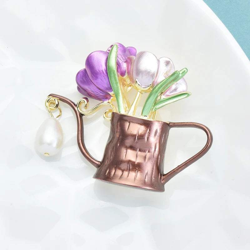 PENDRA Florapot Enamel Flower Watering Pot Brooch