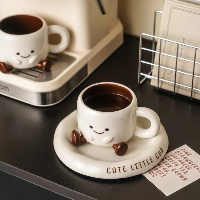 Cute Smiley Face Ceramic Coffee Mug with Saucer 3D Cartoon Design Tea Cup