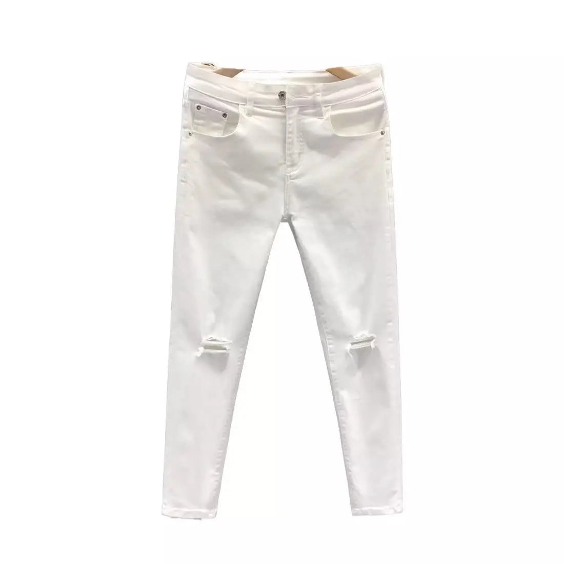 Man Luxury Clothing Men's White Ripped Jeans Spring Summer Slim Skinny Pants Korean Trendy Stretch Casual Fashion Cropped Pants
