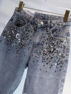 European Fashion New Heavy Industry Full Diamond Rhinestone Flash Denim Pants Women's Jeans Blue 2024 Spring Summer