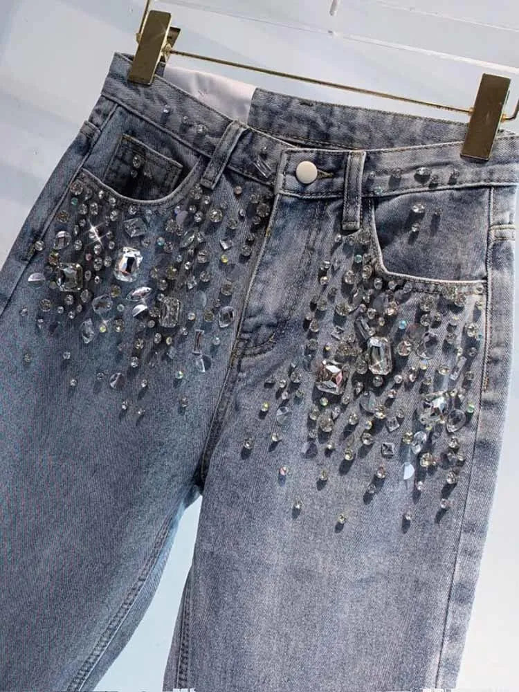European Fashion New Heavy Industry Full Diamond Rhinestone Flash Denim Pants Women's Jeans Blue 2024 Spring Summer