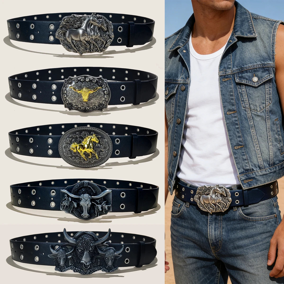 Unisex Western Cowboy PU Leather Belt For Men and Women Waist Strap Bull Horse Decoration Jeans Belt Rivet Gothic Waistband Male