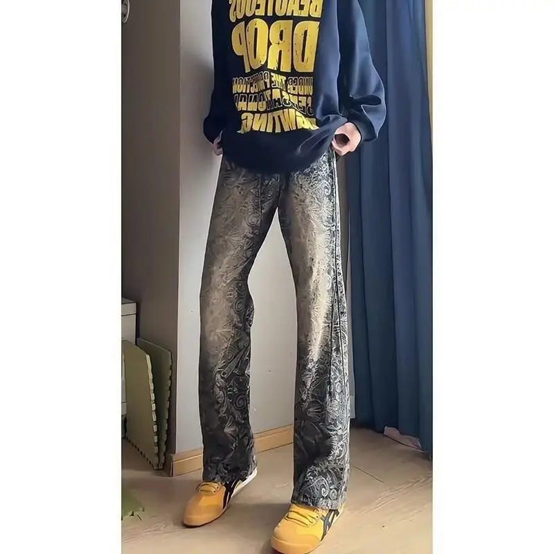 Luxury Men's Trousers 2026 Trend Beauty Coffee Washed Men's Embroidery Slim Design Micro Baggy Straight Pants Flare Jeans
