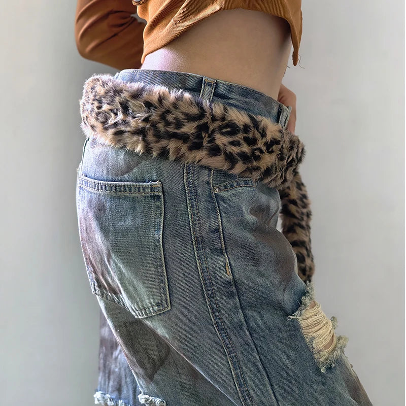 Leopard Print Plush Belt Fashionable Warm Hip-Hop Adjustable Accessories Jeans Belt Personalized Dirty Style Belt