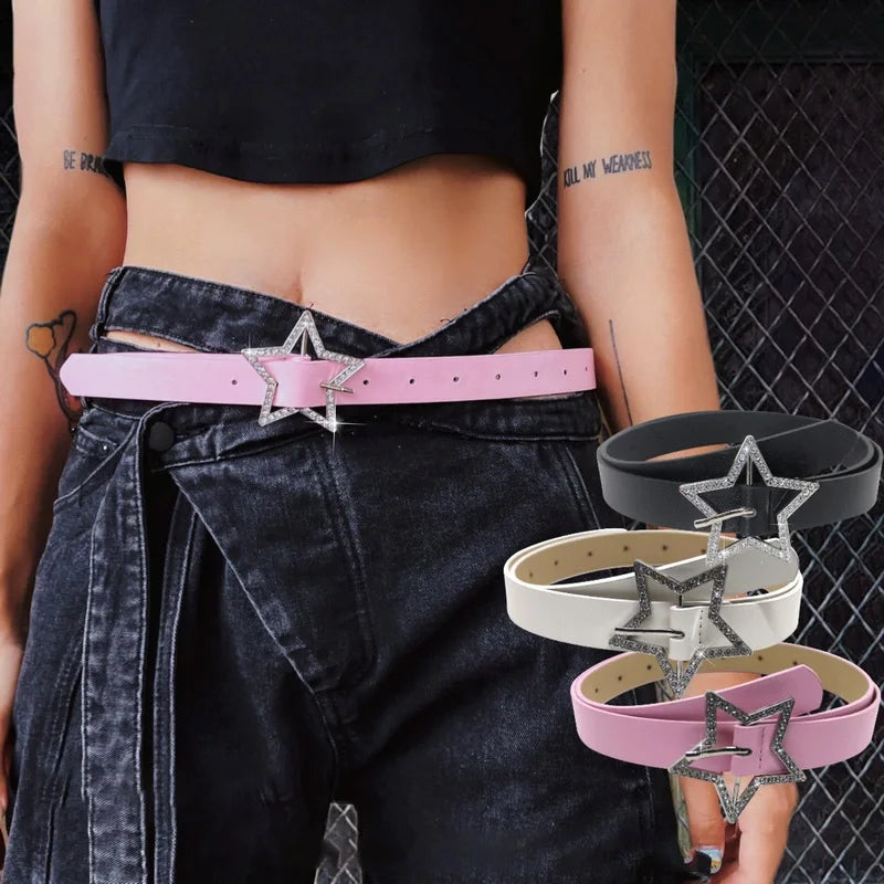 Y2K Belts for Women Spice Girls Pink Black White Belt Denim Star PU Leather Rhinestones Belt Ins Sweet Cool Corset Jeans Belts