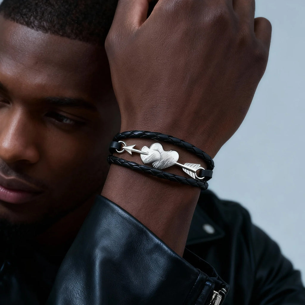 Arrow Piercing Heart Leather Bracelet for Men,Trendy Black PU Woven 3 Layers Bracelet,Gift for Husband Boyfriend