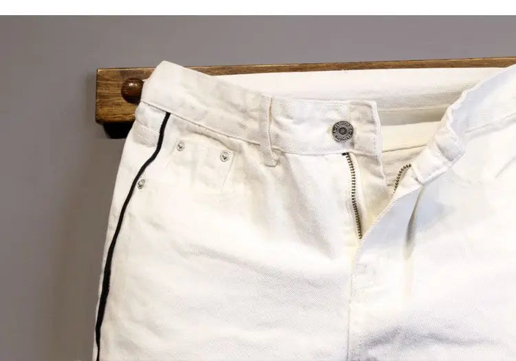 Summer Thin Luxury Designer Slim-Fit Men's Jeans Shorts Boyfriend White Color Striped Street Wear Cotton Casual Short Trousers