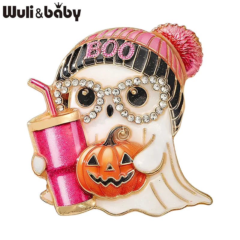 Wuli&baby Lovely Ghost Brooches For Women Unisex Wear Hat Taking Straw-cup Specter Halloween Party Brooch Pins Gifts