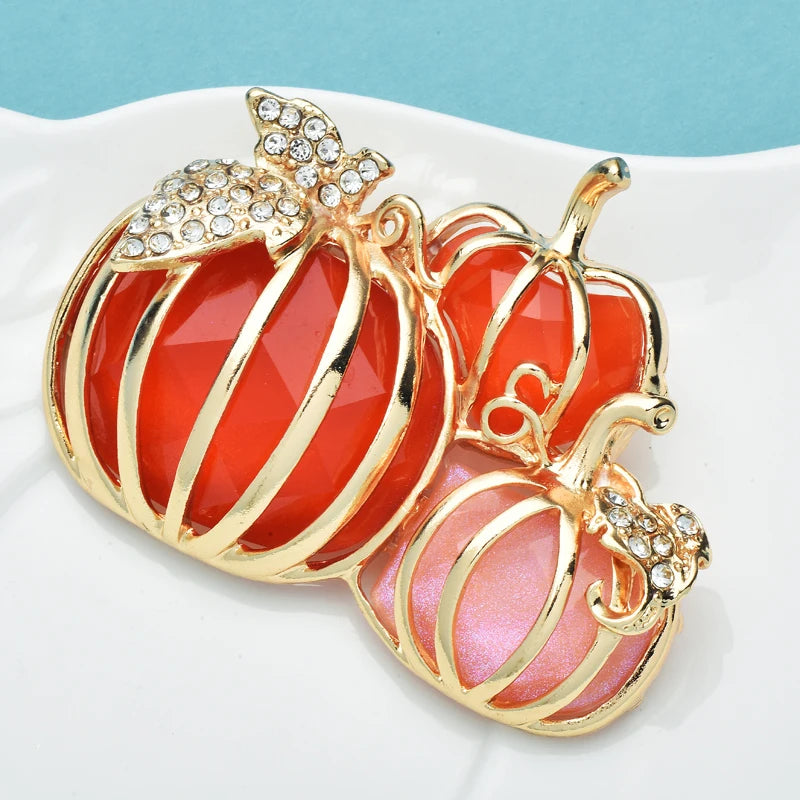 PENDRA Harvest Pumpkin Enamel Rhinestone Brooch