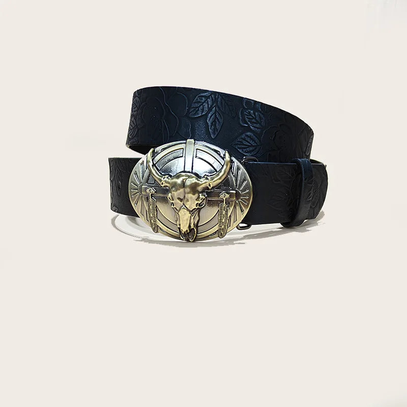 Western Cowboy Leather Belts Longhorn Bull Buckle Pattern Floral Engraved Belt for Men Gothic Accessories Jeans Waistband Male