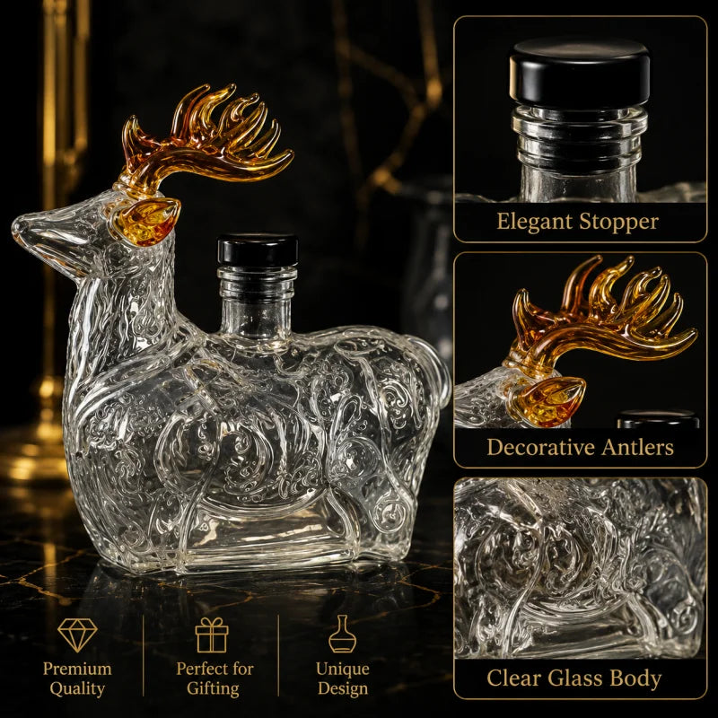 Creative Reindeer Shaped Liquor Decanter Clear Glass Alcohol Bottle with Black Stopper for Bar Cabinet Display