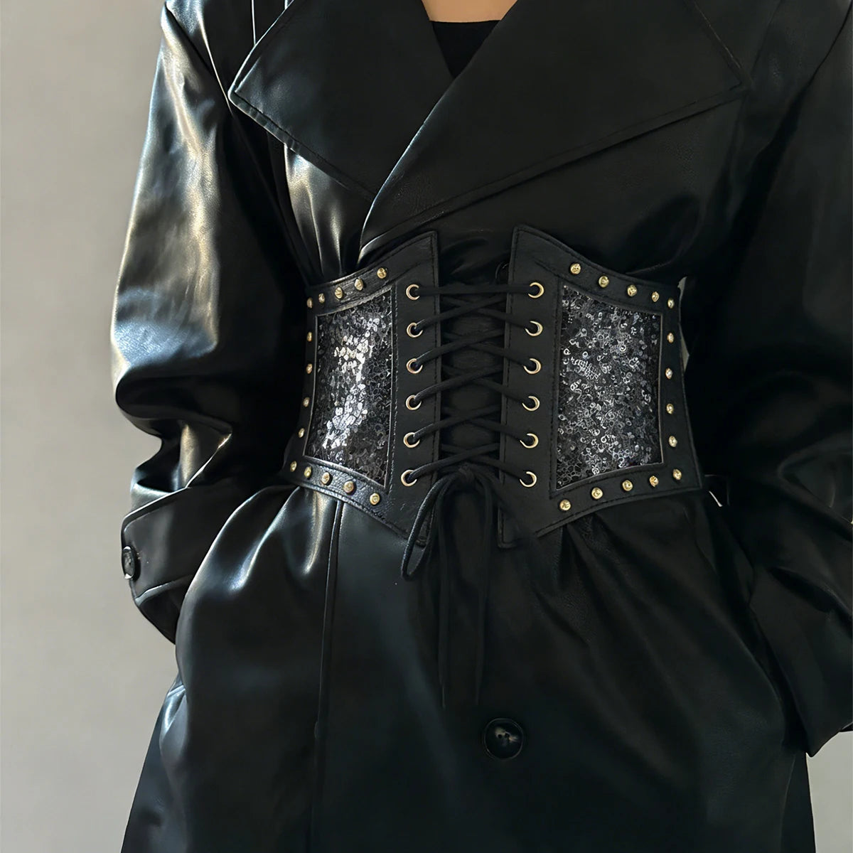 Gothic Glitter Plus Size Stretch Lace Cummerbunds Plus Size Elastic Wide Corset Belt Leather Dress Coat Waistband For Women