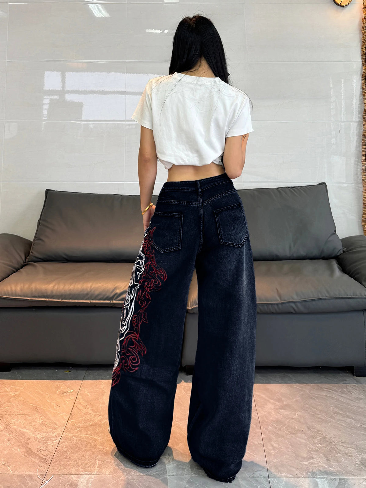 American Retro Two-Color Totem Embroidered Women's Loose Wide-Leg Jeans Y2K Trendy Street Fashion Versatile High-Waisted Trousers