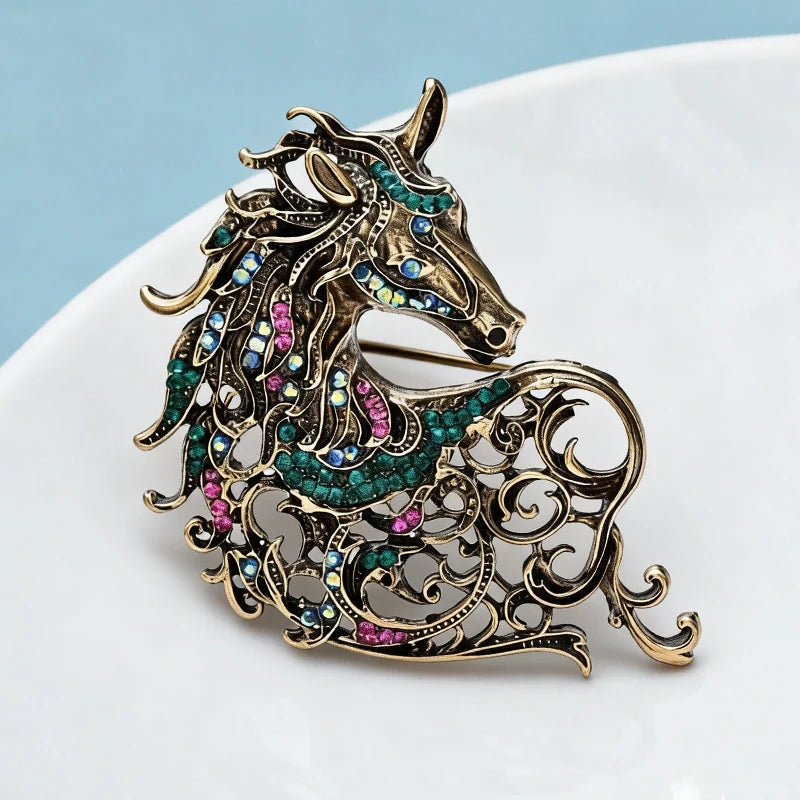 Wuli&baby Vintage Hollow out Handsome Unicorn Horse Brooch Multi color Crystal Horsehair Metal Badge Pin Jewelry Accessory