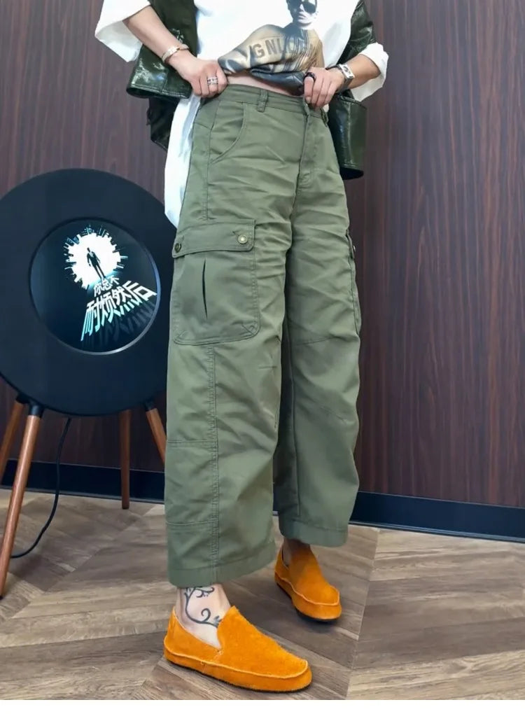 PENDRA Military Green Workwear Wide Leg Pants