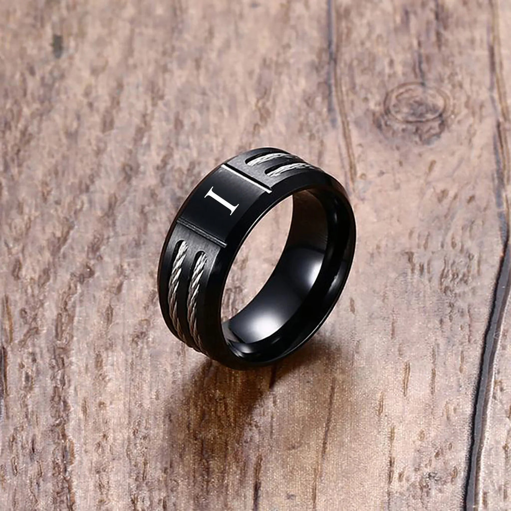Stylish Black Mens Initial Ring, Waterproof Stainless Steel A-Z Letter Wedding Bands for Male Boys Finger Gift Jewelry