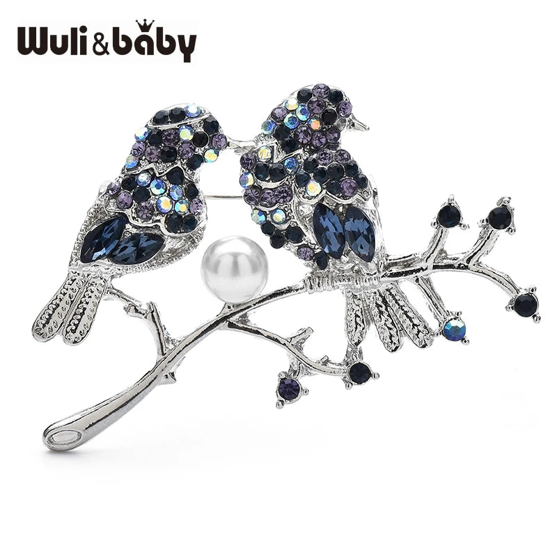 Wuli&baby Crystal Couple Birds Bullfinch Brooch Pearl Pyrrhula Pin Elegant Women Jewelry Badge For Suit Sweater and Dress