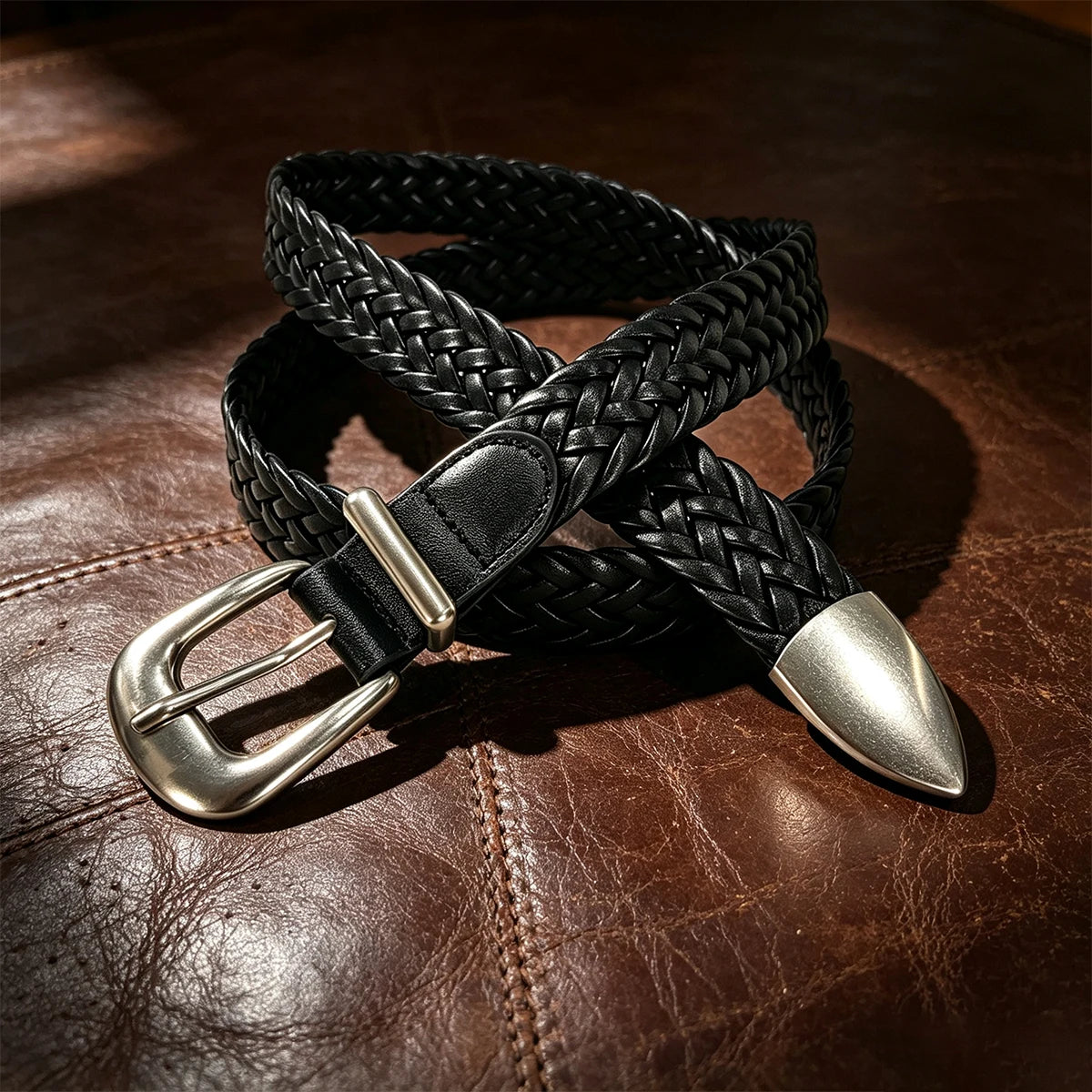 Punch free punk style woven belt for men and women Black metal buckle belt Dark minority retro Fried Dough Twists belt