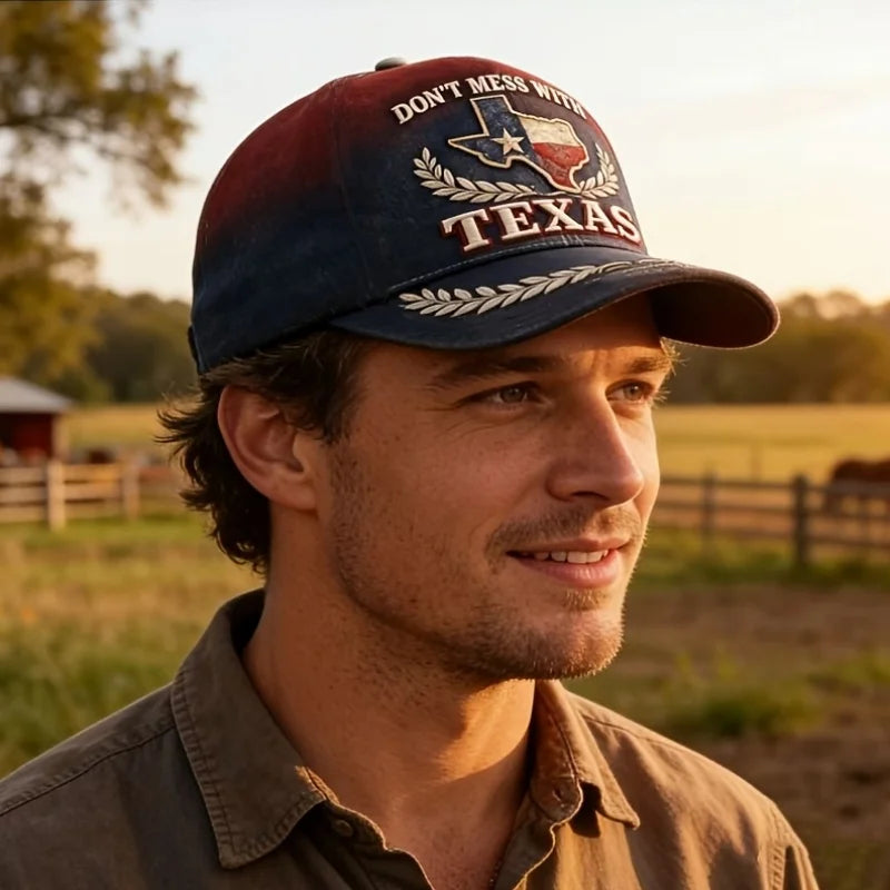 Vintage Washed Baseball Cap "Don'T Mess with Texas" Red And Blue Gradient Design, Embroidered Texas State Map And Laurel Wreath