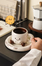 Cute Smiley Face Ceramic Coffee Mug with Saucer 3D Cartoon Design Tea Cup