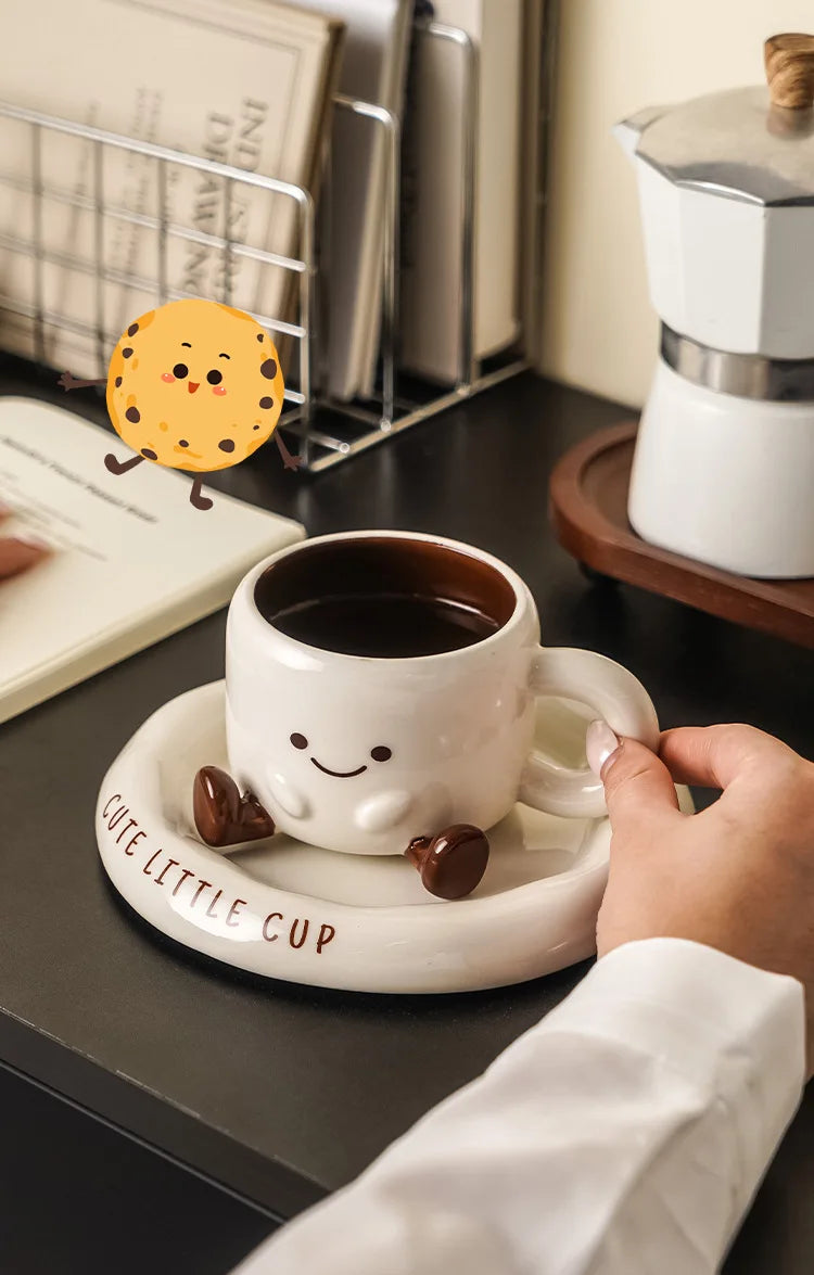 Cute Smiley Face Ceramic Coffee Mug with Saucer 3D Cartoon Design Tea Cup
