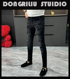 Designer Jeans Man High Quality Men's Scraped Black Jeans Autumn Winter Splashing Ink Slim-fit Pants Handsome Casual Long Pants