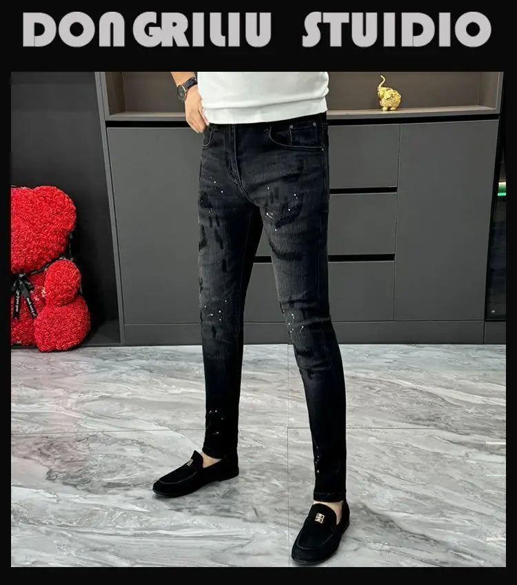 Designer Jeans Man High Quality Men's Scraped Black Jeans Autumn Winter Splashing Ink Slim-fit Pants Handsome Casual Long Pants