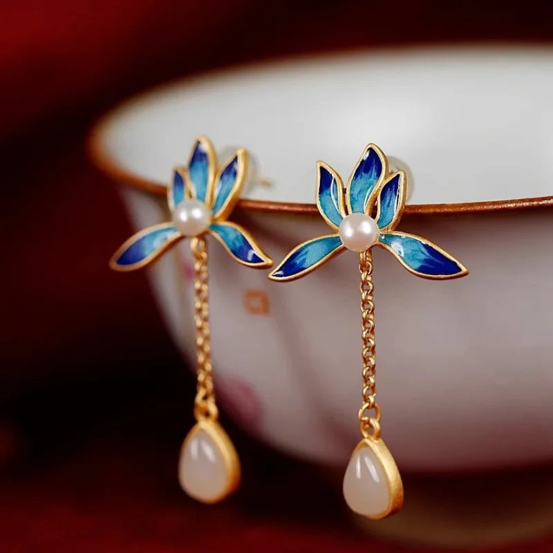 VENTFILLE Hetian Jade Ear Hook Earring Women's High-end Temperament Ethnic Style Retro Earrings Cloisonne Craft Dangler Gift