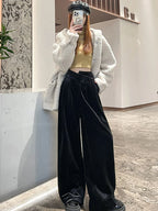 Black Gold Velvet Wide Leg Pants Women Winter Velvet High Waist Drop Feel Straight Tube Versatile Casual Floor Pants