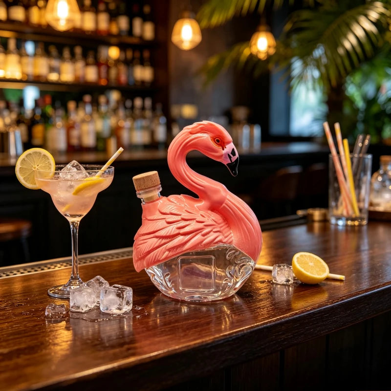 Unique Pink Bird Glass Decanter Embossed Feather Design Whiskey Brandy Bottle for Bar Cabinet Decoration